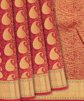 Crimson Handloom Kanchipuram Silk Saree With Mango Zari Motifs