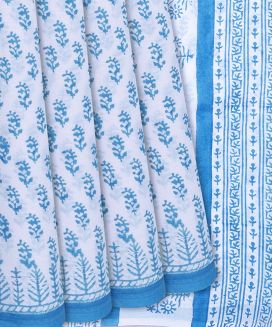 White Woven Jaipur Cotton Saree With Printed Blue Motifs