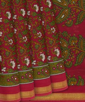 Red Woven Jaipur Cotton Saree With Printed Mango Motifs

