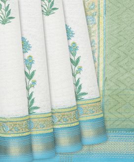 Off White Handloom Chanderi Cotton Saree With Printed Floral Motifs
