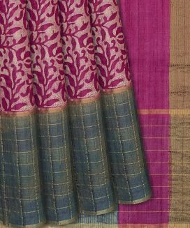 Hot Pink Handloom Tussar Silk Saree With Printed Floral Motifs
