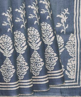 Steel blue Handloom Tussar Silk Saree With Printed Floral Motifs