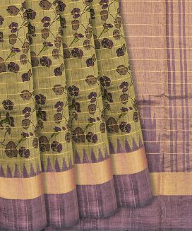 Sage Green Handloom Dupion Silk Saree With Printed Vine Motifs 