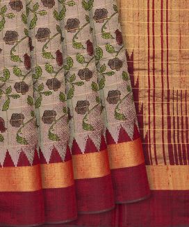 Taupe Handloom Dupion Silk Saree With Printed Floral Vine Motifs 