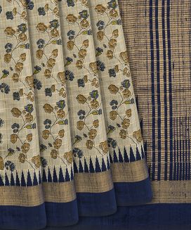 Taupe Handloom Dupion Silk Saree With Printed Vine Motifs and Checks