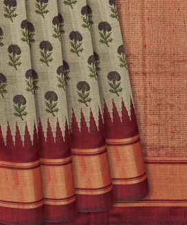 Taupe Handloom Dupion Silk Saree With Printed Motifs
