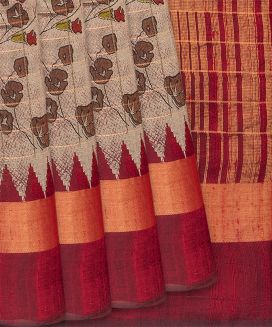 Dusty Pink Handloom Dupion Silk Saree With Printed Vine Motifs 