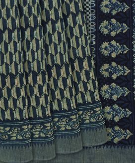 Midnight Blue Handloom Chanderi Cotton Saree With Printed Honeycomb Motifs