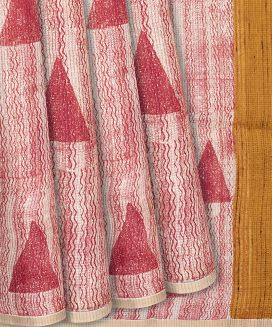 Light Peach Handloom Tussar Silk Saree With Printed Motifs on Checks