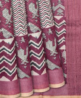 Chestnut Pink Handloom Tussar Silk Saree With Printed Tribal Motifs on Checks