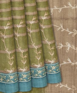 Sage Green Handloom Tussar Silk Saree With Printed Floral Motifs & Stripes