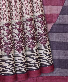 Cream Handloom Tussar Silk Saree With Printed Motifs On Checks