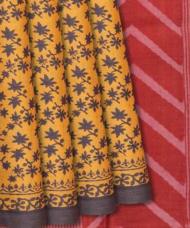 Yellow Handloom Tussar Silk Saree With Printed Floral Motifs