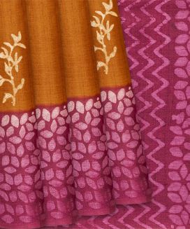 Orange Handloom Tussar Silk Saree With Printed Floral Motifs