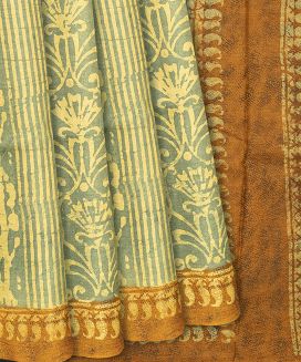 Cardamom Green Handloom Tussar Silk Saree With Printed Floral Motif