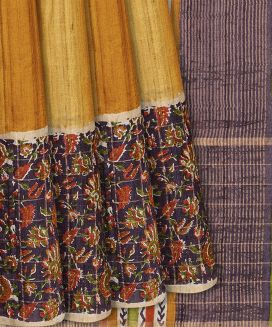 Mustard Handloom Tussar Silk Saree With Stripes & Printed Motifs