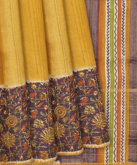 Mustard Handloom Tussar Silk Saree With Printed Floral Motifs