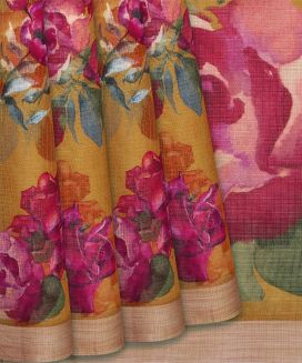 Mustard Woven Blended Kota Silk Saree With Printed Floral Motifs