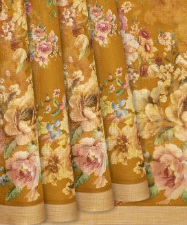 Turmeric Yellow Woven Blended Kota Silk Saree With Printed Floral Motifs
