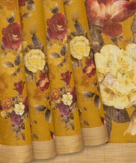 Mustard Woven Blended Kota Silk Saree With Printed Floral Motif