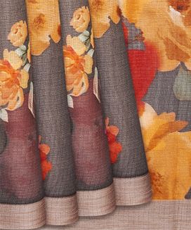 Dark Grey Woven Blended Kota Silk Saree With Printed Floral Motifs