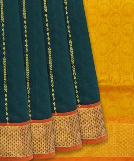 Dark Green Handloom Silk Cotton Saree with  orange contrast border 
