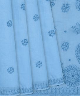 Light Blue Chikankari Embroidered Cotton Saree With Flower Motifs