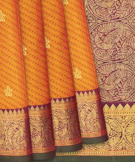 Orange Handloom Kanchipuram Silk Saree With Floral Motifs

