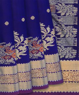 Dark Blue Handloom Kanchipuram Silk Saree With Floral Buttas