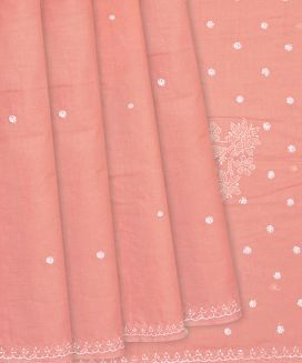Light Peach Chikankari Embroidered Cotton Saree With Floral Motifs