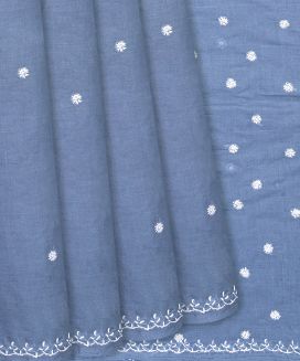 Steel Blue Chikankari Embroidered Cotton Saree With Floral Motifs