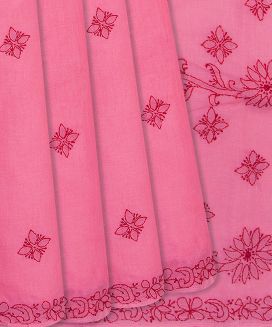 Dark peach Chikankari Embroidered Cotton Saree With Floral Motifs
