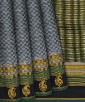 Grey Handloom Kanchipuram Payadi Silk Saree With Checks
