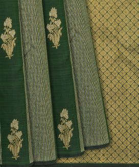 Dark Green Handloom Kanchipuram Silk Saree With Stripes & Buttas
