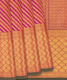 Pink & Orange Handloom Kanchipuram Silk Saree With Zari Stripes