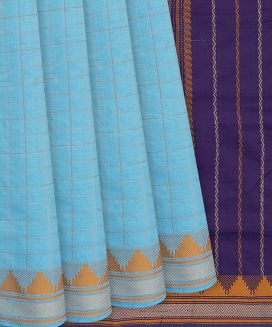 Turquoise Handloom Poly Cotton Saree With Dotted Checks
