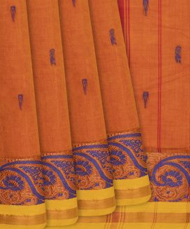 Orange Handloom Chettinad Cotton Saree With Floral Motifs
