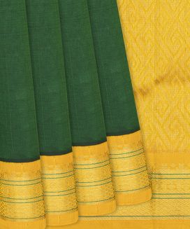 Dark Green Handloom Silk Cotton Saree With Yellow Border
