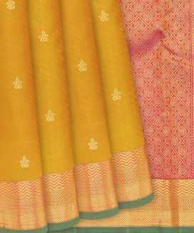Mustard Handloom Kanchipuram Silk Saree With Diagonal Stripes
