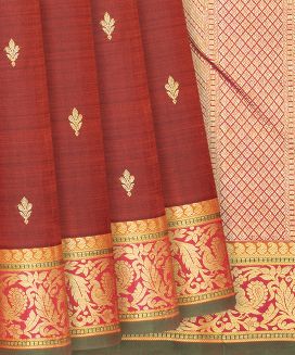 Maroon Handloom Kanchipuram Silk Saree With Flower Buttas
