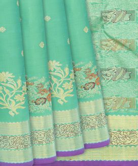 Aquamarine Handwoven Kanchipuram Silk Saree With Floral Motifs
