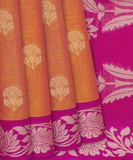 Orange Handwoven Rasipuram Cotton Saree With Floral Motifs
