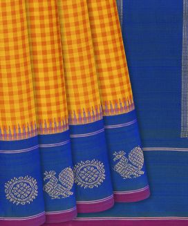 Yellow Handloom Kanchipuram Silk Saree With Checks
