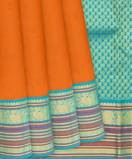 Mango Yellow Handloom Kanchipuram Korvai Silk Saree With Turquoise Border
