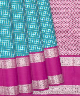 Turquoise Handloom Kanchipuram Korvai Silk Saree With Checks
