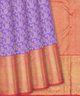 Lavender Handloom Kanchipuram Korvai Silk Saree With Floral Motifs
