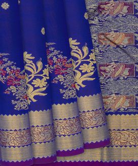 Blue Handloom Kanchipuram Silk Saree With Meena Floral Motifs

