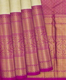 Beige Handloom Kanchipuram Silk Saree With Floral Vine Motifs

