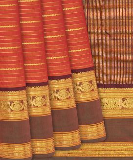 Orange Handloom Kanchipuram Silk Saree With Beldari Stripes
