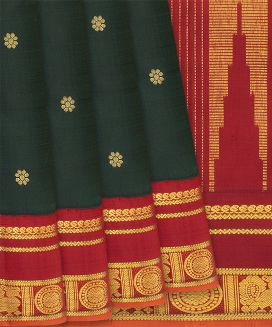 Bottle Green Handloom Kanchipuram Korvai Silk Saree With Kamalam Motifs
